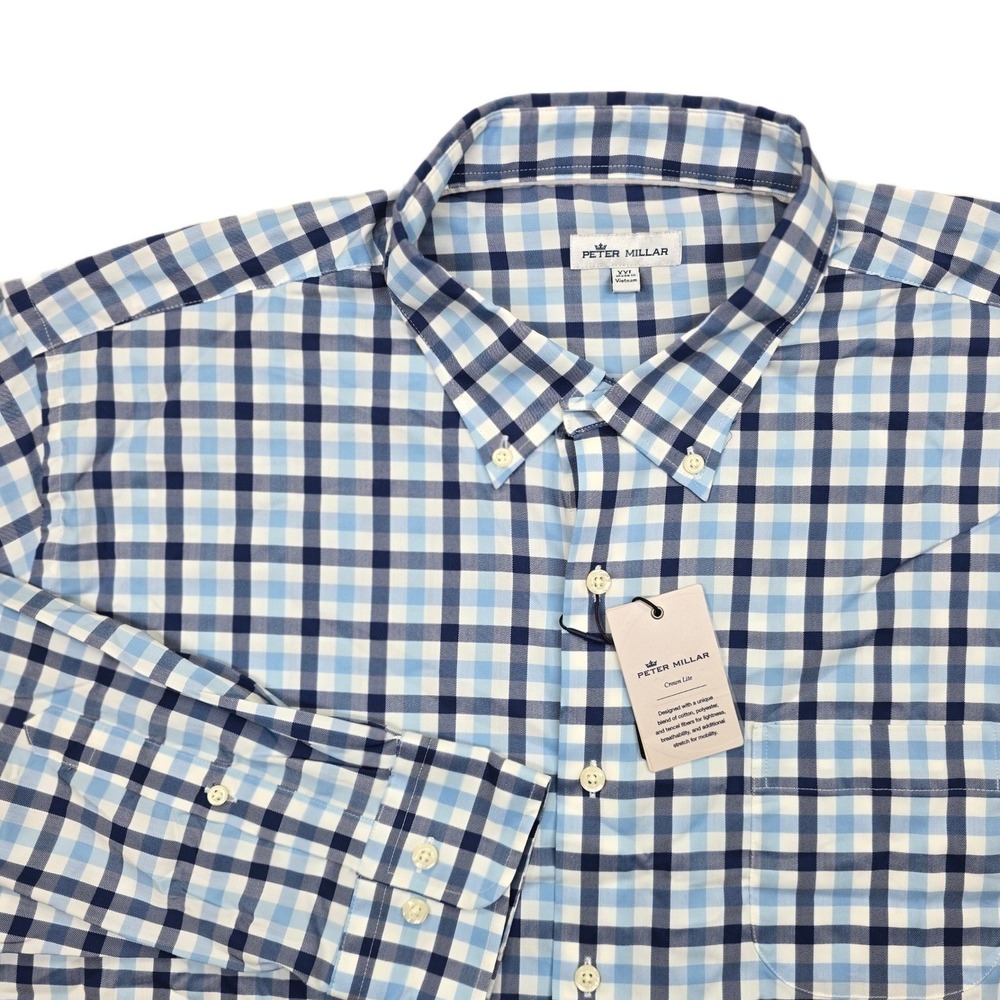 Peter Millar Performance Shirt‎ Mens 2XL Blue Gingham Check Long Sleeve $148 NEW